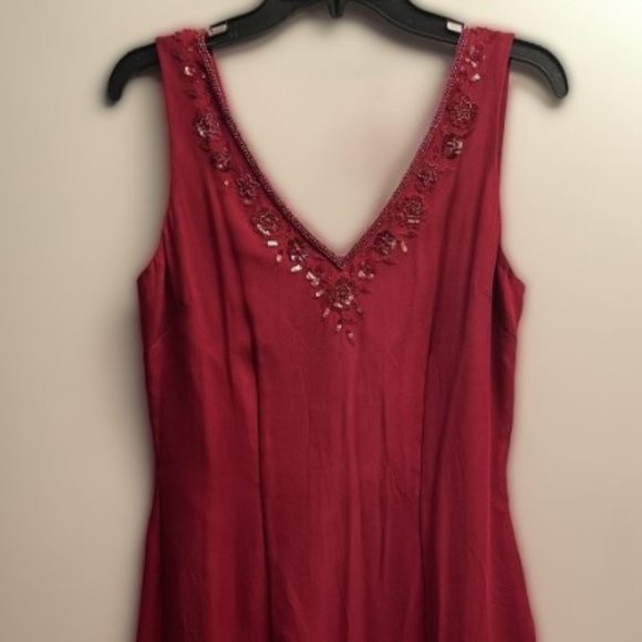 Deep Red Silk Beaded Cocktail V-neck Dress Size 6 - Picture 1 of 6